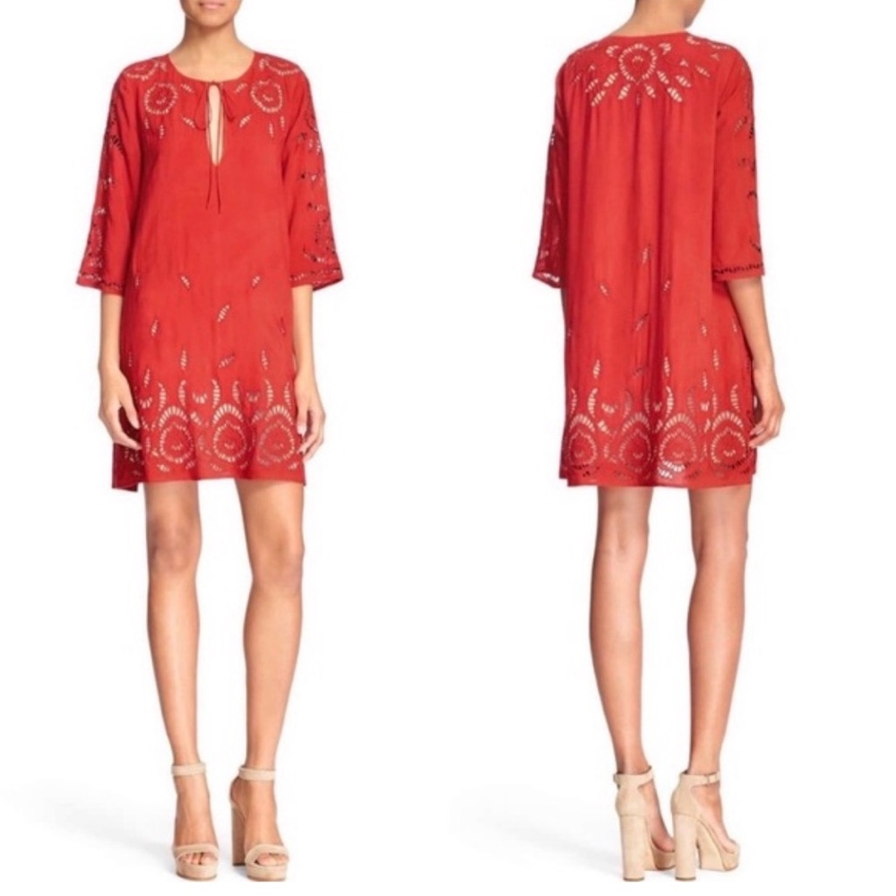 Alice & Olivia Morgana Red Embroidered Eyelet Shift Dress Size small